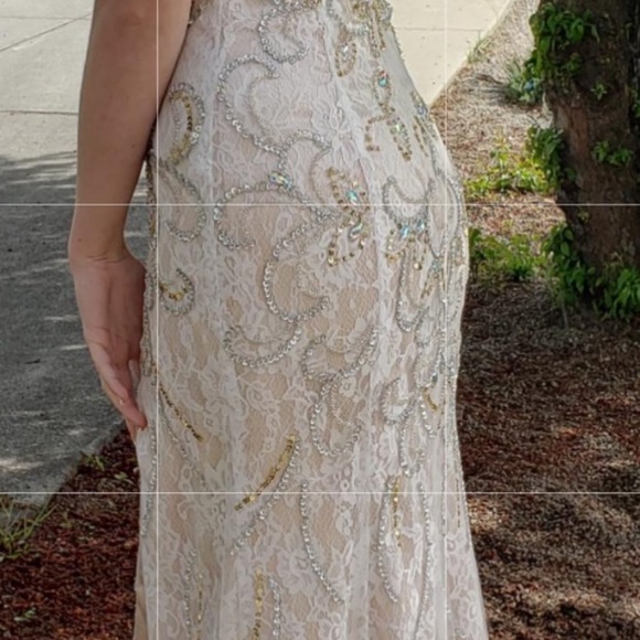NUDE AND WHITE LACE PROM DRESS WITH BEADING - Picture 5 of 7